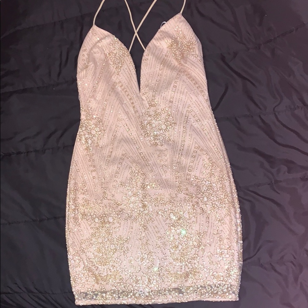 Gold glittery mini v neck dress size small